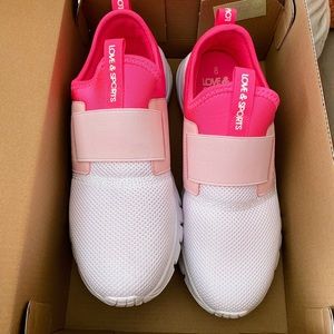 Ladies Love and Sports pink and white slip on sneakers
